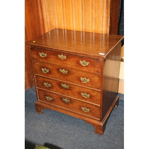 353 - George III oak chest of small proportions, the moulded top over four cockbeaded long drawers, each w... 