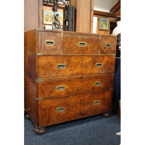 354 - Victorian burr walnut military campaign two piece secretaire chest, the secretaire drawer opening to... 