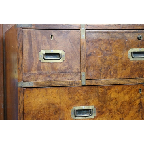 354 - Victorian burr walnut military campaign two piece secretaire chest, the secretaire drawer opening to... 