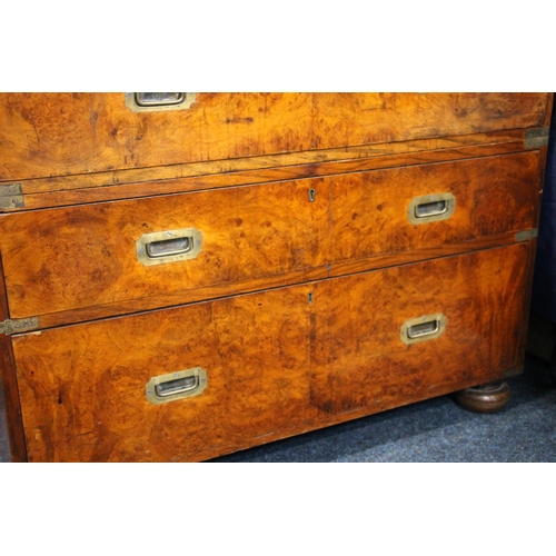 354 - Victorian burr walnut military campaign two piece secretaire chest, the secretaire drawer opening to... 