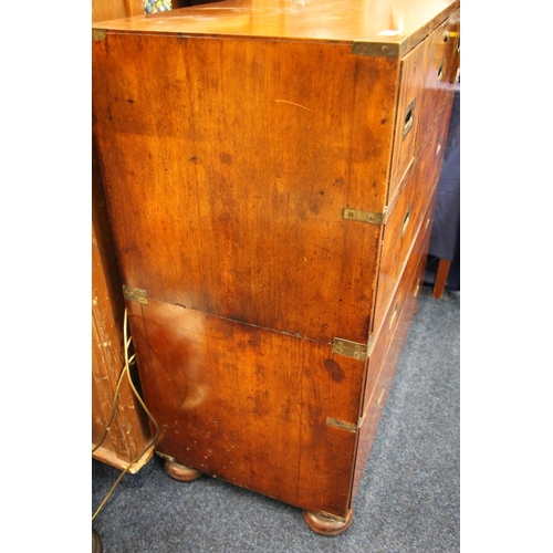 354 - Victorian burr walnut military campaign two piece secretaire chest, the secretaire drawer opening to... 