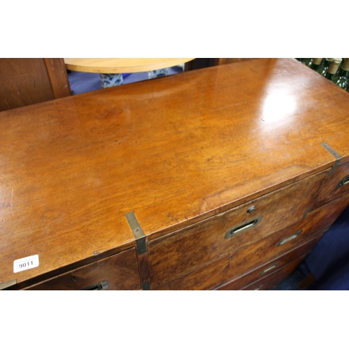 354 - Victorian burr walnut military campaign two piece secretaire chest, the secretaire drawer opening to... 