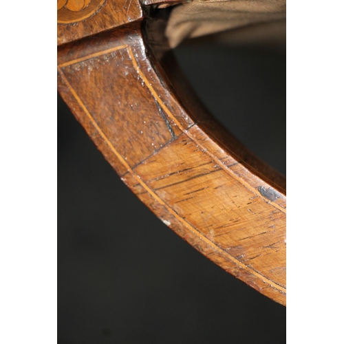 356 - 19thC French Empire/Regency style stool, inlaid scrolling arms over half hoop stretcher raised on do... 