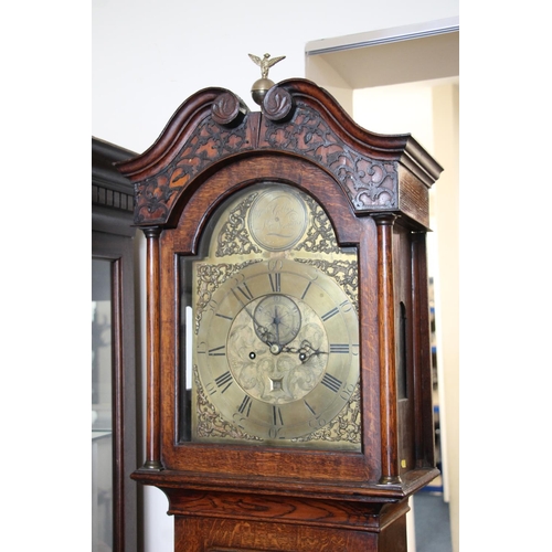 358 - Oak cased long case clock, the brass face for William Gillies of St. Ninians, H215cm.