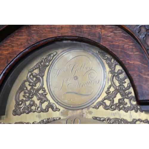 358 - Oak cased long case clock, the brass face for William Gillies of St. Ninians, H215cm.