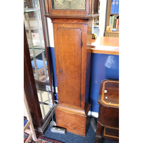 358 - Oak cased long case clock, the brass face for William Gillies of St. Ninians, H215cm.