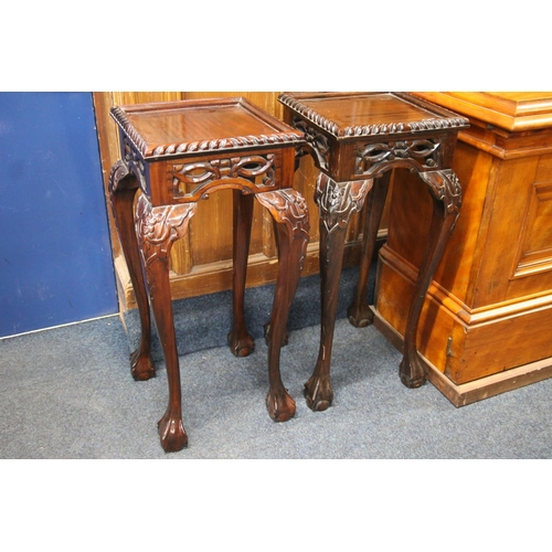 362 - Pair of Chinese hardwood plant stands, Republic period, the square tops over a pierced apron raised ... 