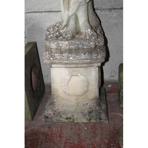 379 - Garden statuary model of a lady semi-clad in diaphonous robes on a square plinth base, H156cm.