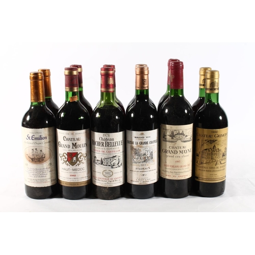 1224 - Twelve bottles of red wine to include CHATEAU GRIMONT 1982 no abv. stated x2, CHATEAU ROCHER BELLEVU... 