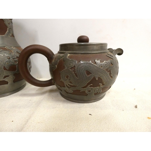 11 - Chinese 20th century Hor-Chung Weihaiwei,  pewter mounted brown stoneware tea pot and water pot pier... 