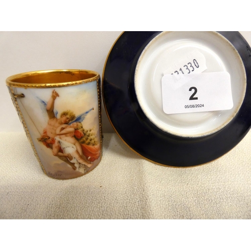 2 - Early Vienna porcelain hand painted cup and saucer, with cherubs, signed Nauser. A/f