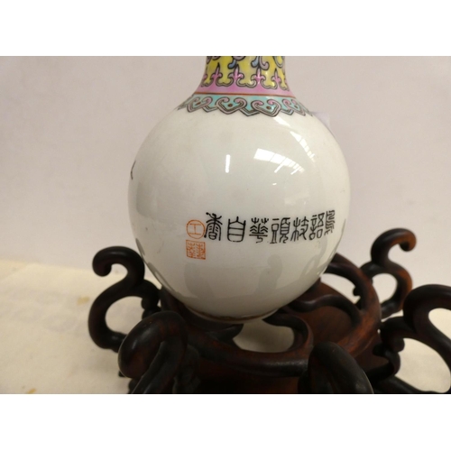 5 - Modern Chinese Familie Rose onion shaped vase and stand.