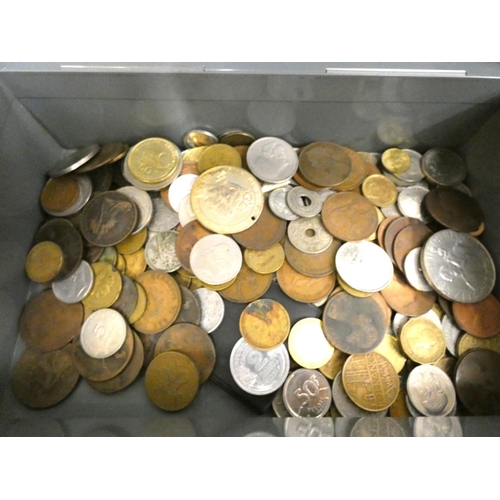 63 - Tin of world coinage to include Great Britain, USA, Greece, France etc.