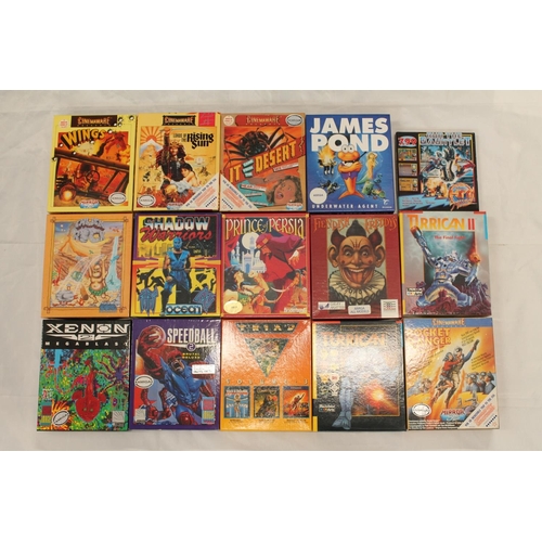 1199 - Commodore Amiga boxed games to include James Pond, Chuck Rocks, Triad Volume 3, Rocket Ranger, Turri... 