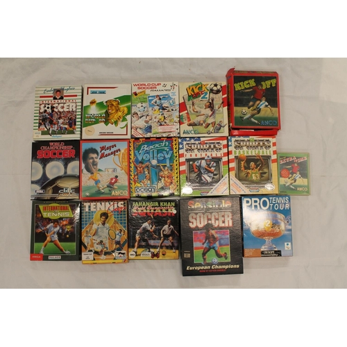 1202 - Box containing Amiga boxed games mainly sporting to include Kick Off 1,2, Tennis Cup, Sensible Socce... 