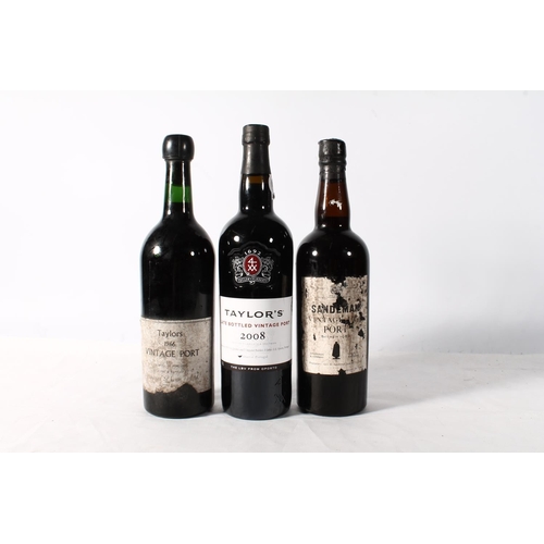 1247 - Three bottles of port to include TAYLORS 1966 vintage port, TAYLORS 2008 vintage port bottle in 2013... 