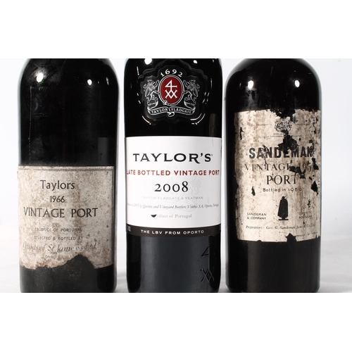 1247 - Three bottles of port to include TAYLORS 1966 vintage port, TAYLORS 2008 vintage port bottle in 2013... 