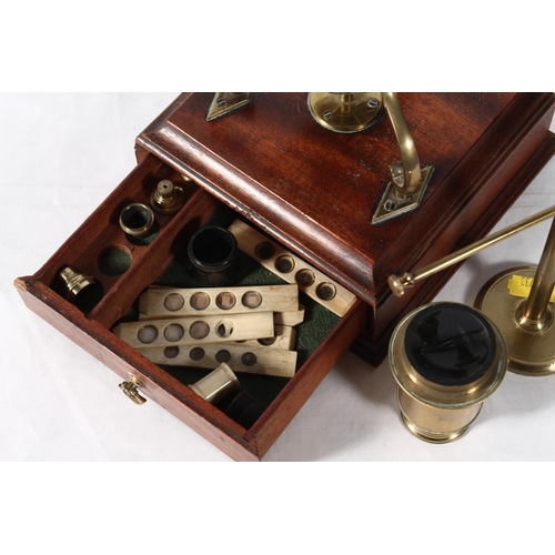 1253 - Harris & Son of London brass Culpeper type monocular microscope raised on stage with base drawer... 