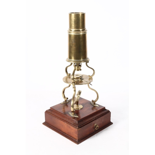 1253 - Harris & Son of London brass Culpeper type monocular microscope raised on stage with base drawer... 