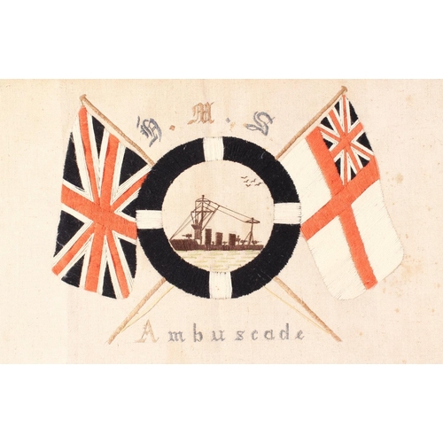 1456 - Sailors type wool work needlework panel (colloquially known as woolies) depicting HMS Ambuscade in a... 