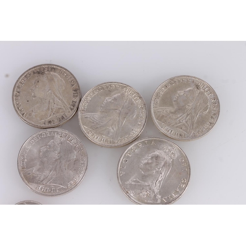 1325 - UNITED KINGDOM Queen Victoria (1837-1901) silver florins 1887, 1894, 1897 x2 and 1901, also sixpence... 