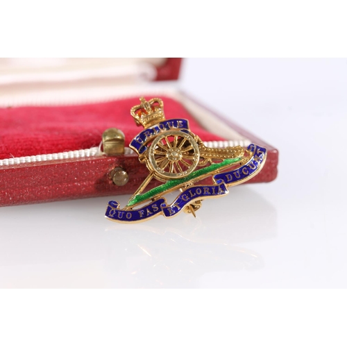 1406 - 9ct gold and enamel Royal Artillery sweetheart brooch, maker Garrard & Co Ltd, 4.1g, 3cm long.