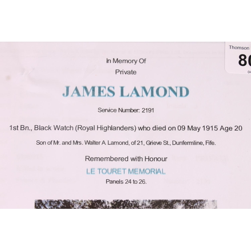 1424 - Medal of 2191 Private James Lamond of the 1st Battalion Black Watch Royal Highlanders who died 9th M... 