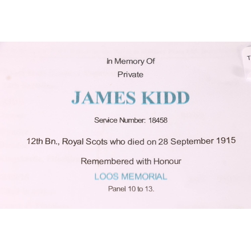 1427 - Medal of 18458 Private James Kidd of the 12th Battalion Royal Scots who died Battle of Loos 28th Sep... 