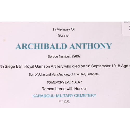 1428 - Medal of 72862 Gunner Archibald Anthony of the 138th Siege Battery Royal Garrison Artillery who died... 