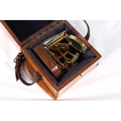 1257 - Stanley of London brass sextant stamped '1880', with magnification lens held in a velvet lined mahog... 