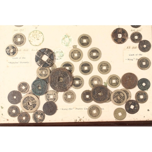 1368 - CHINA, a framed display of coins titled 'Chinese Coins' to include groups of cash coins purporting t... 