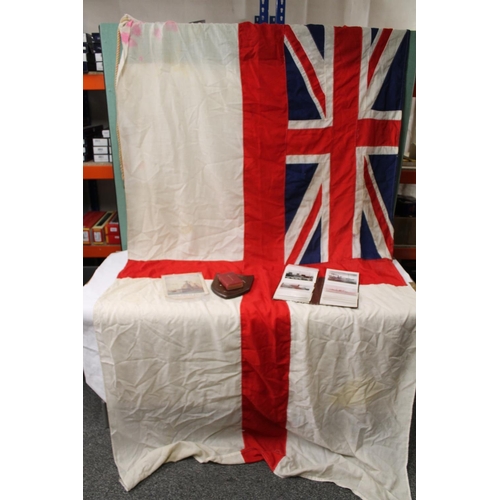 1460 - Royal White Ensign flag from HMS Hood 120cm x 264cm, a common prayer book belonging to Pat McGally A... 