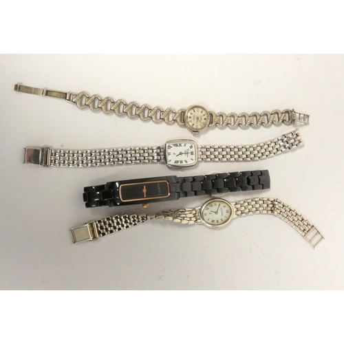 52 - Gucci 8069L.112 black anodised fashion watch and three silver bracelet watches.