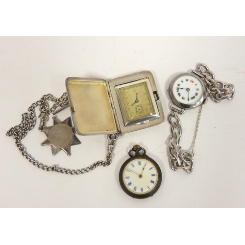 53 - Silver golfer's style folding watch, Goldsmiths & Silversmiths Co 1930, with guard and metal, a ... 