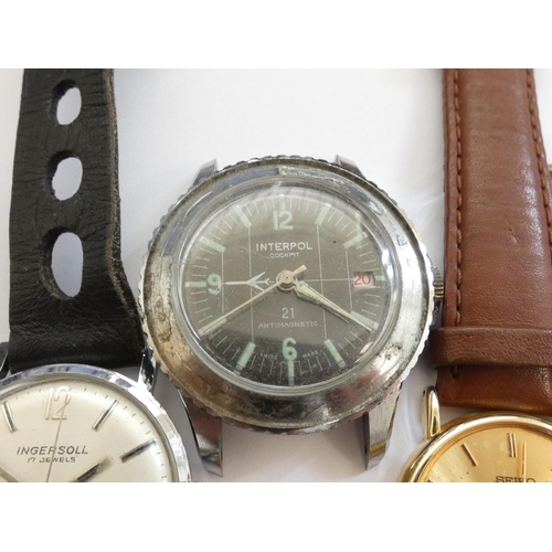 63 - Group of vintage wristwatches to include Seiko, Ingersoll 17 jewels day/date watch, Timex etc. 