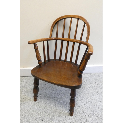 357 - 19th century ash & elm childs windsor chair, with hoop stick back, on turned supports. Height 59... 