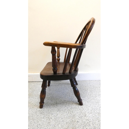 357 - 19th century ash & elm childs windsor chair, with hoop stick back, on turned supports. Height 59... 