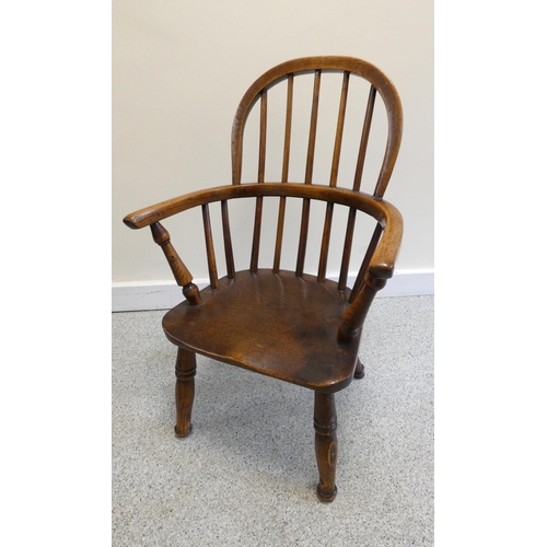 358 - 19th century ash & elm childs windsor chair, with hoop framed stick back, on turned supports Hei... 