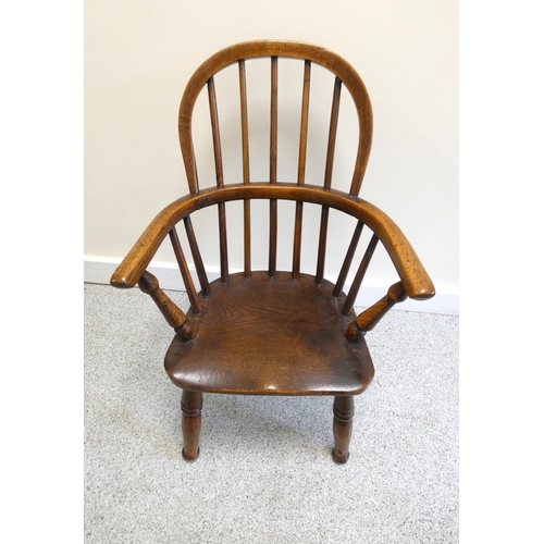 358 - 19th century ash & elm childs windsor chair, with hoop framed stick back, on turned supports Hei... 