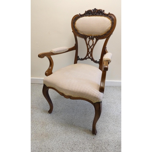 361 - French style walnut open ladies parlour armchair, with applied scroll decoration, on cabriole suppor... 