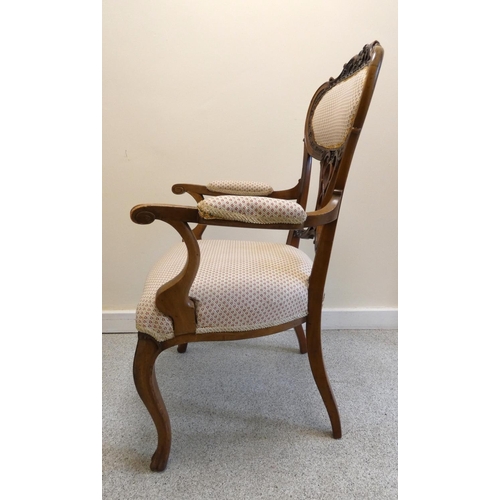 361 - French style walnut open ladies parlour armchair, with applied scroll decoration, on cabriole suppor... 