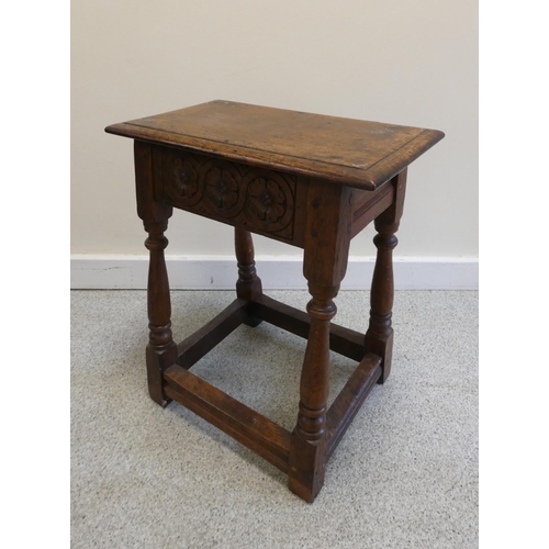 363 - 18th century style oak jointed stool, with rectangular top above carved incised floral roundels to t... 