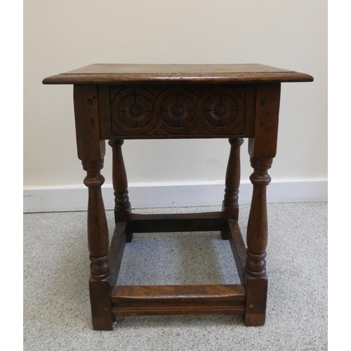 363 - 18th century style oak jointed stool, with rectangular top above carved incised floral roundels to t... 