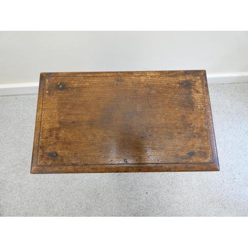 363 - 18th century style oak jointed stool, with rectangular top above carved incised floral roundels to t... 