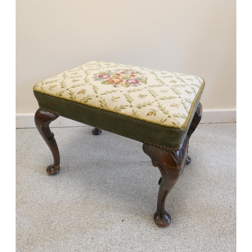 363 - 18th century style oak jointed stool, with rectangular top above carved incised floral roundels to t... 