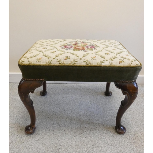 363 - 18th century style oak jointed stool, with rectangular top above carved incised floral roundels to t... 