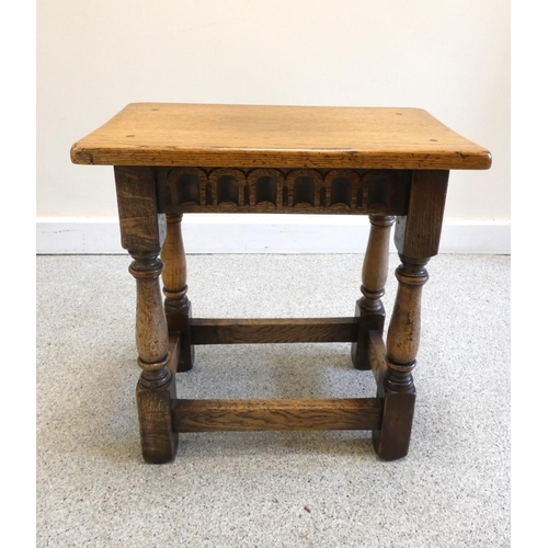 364 - 18th century style oak peg jointed stool, with rectangular top above incised geometric frieze, on tu... 