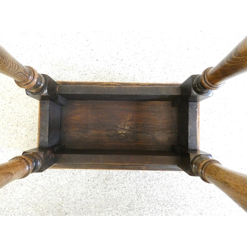 364 - 18th century style oak peg jointed stool, with rectangular top above incised geometric frieze, on tu... 