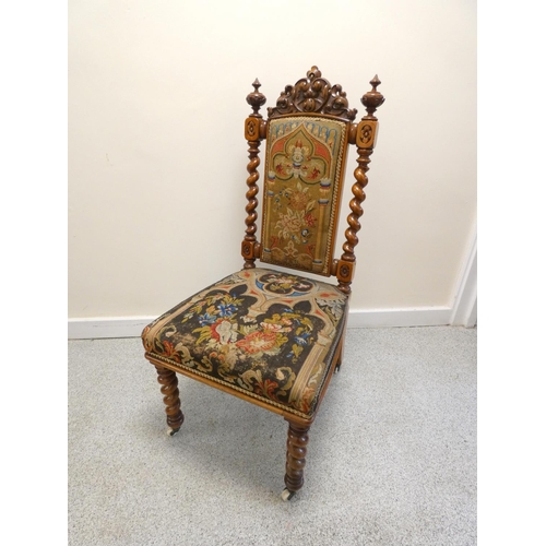 366 - Victorian walnut side chair with original needlepoint stuffover back rest and seat, on barley column... 