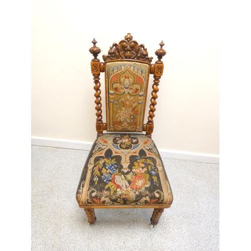 366 - Victorian walnut side chair with original needlepoint stuffover back rest and seat, on barley column... 